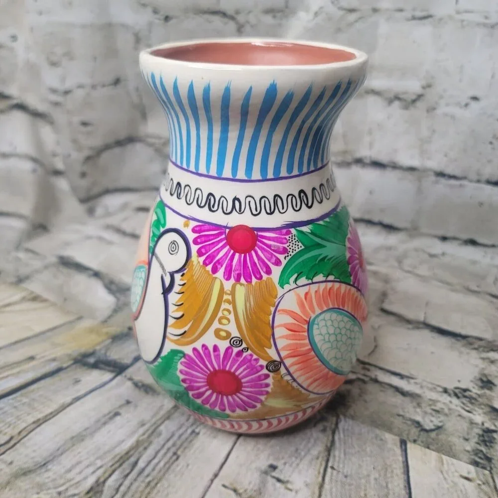 Mexican Folk Art Bright Vase Hand Painted Red Clay Pottery 7.5